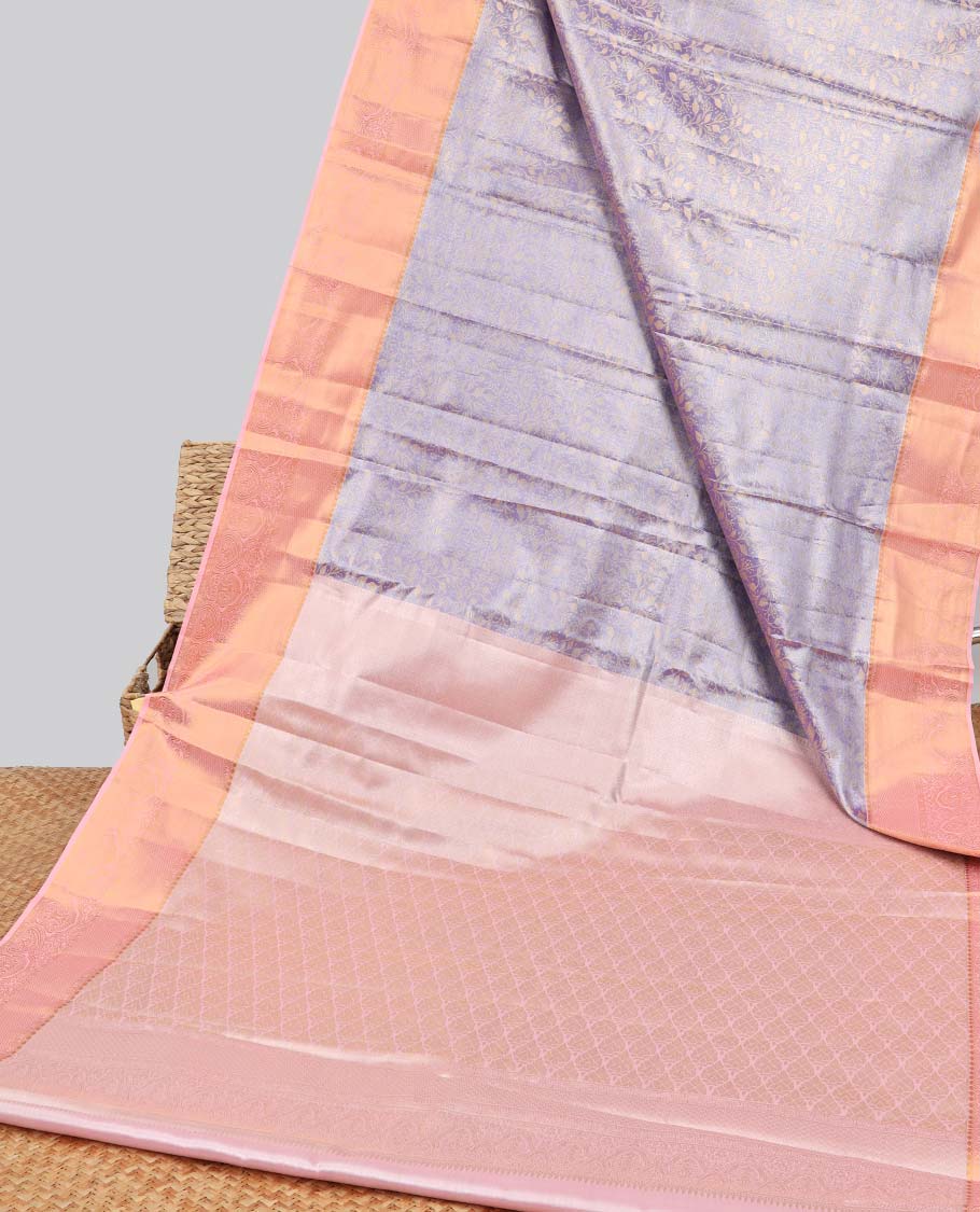 Lavender floral jacquard budget silk saree with contrast floral zari border & pallu of floral zari design