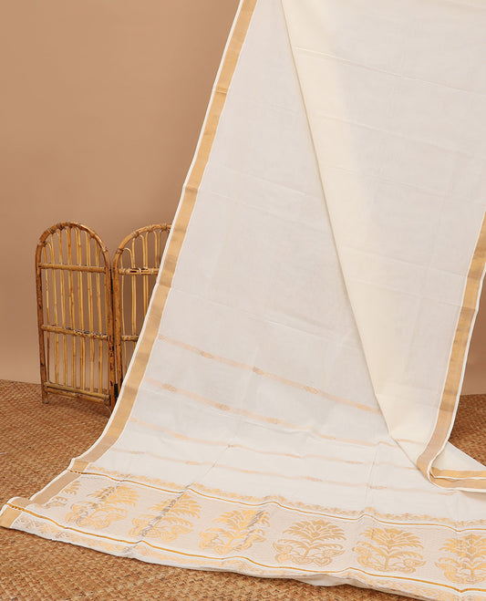 Cream zari design kerala saree, zari border & pallu of intricate designs