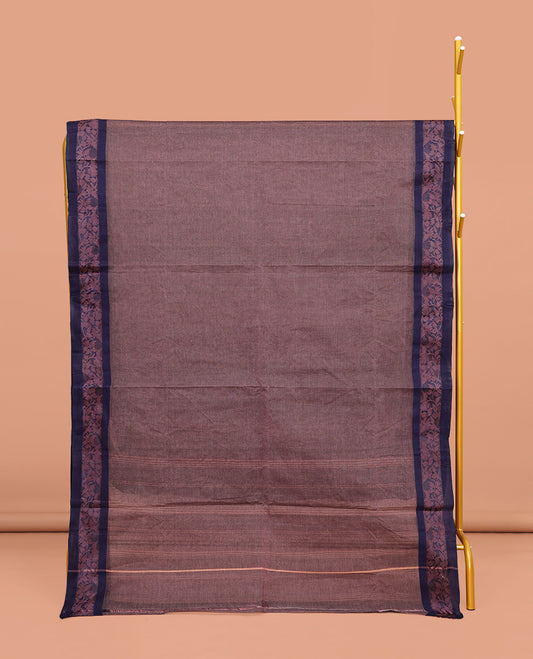 Brown Plain Bengal Cotton Saree, Complemented by a Contrast Floral Creeper Design Border, Pallu of Stripes, and Paired with a Matching Blouse