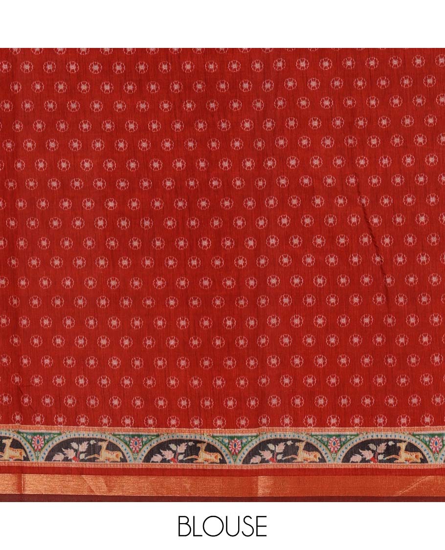 Chikku-color animal & Mughal human motifs position printed viscose muslin saree,contrast zari border & Mughal-style print pallu & contrast print blouse