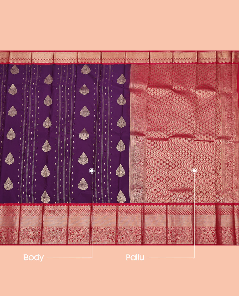 Purple Budget Silk Saree, Embellished with Zari Buttas on Its Body, Complemented by a Contrast Traditional Zari Design Border, Grand Jaal Pallu, and Paired with a Contrast Blouse