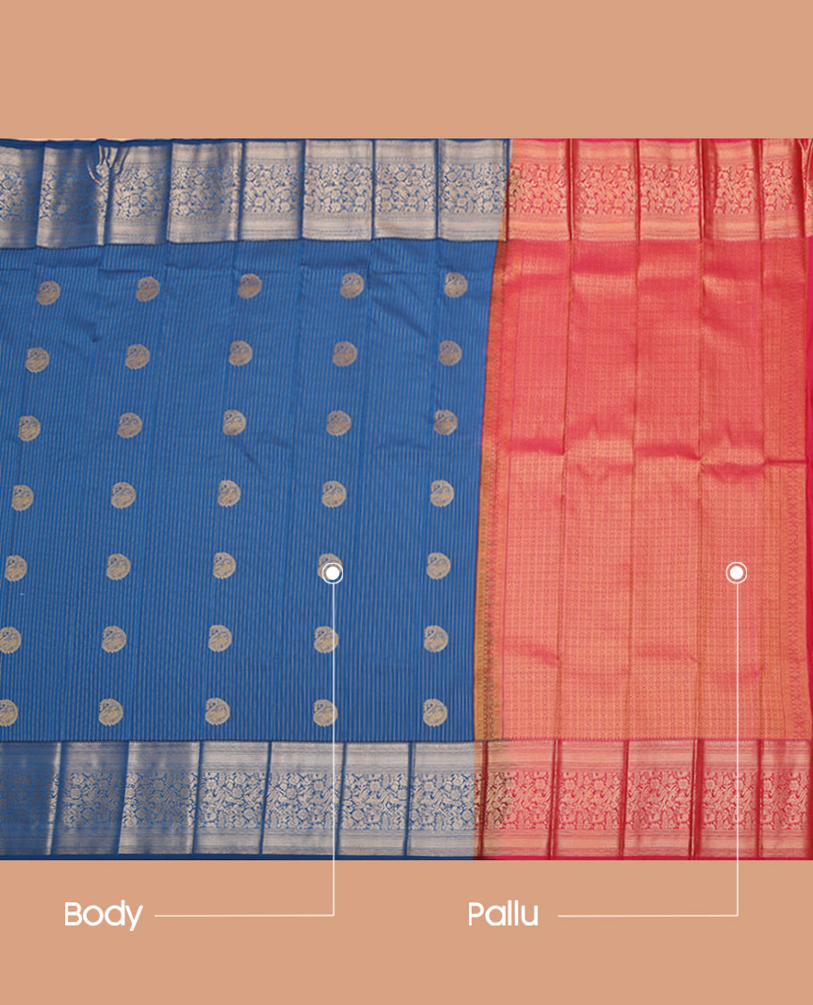 Blue Budget Silk Saree, Embellished with Zari Buttas and Stripes All Over Its Body, Highlighted by a Traditional Zari Design Big Border, Contrast Pallu of Jaal Designs, and Paired with a Contrast Blouse