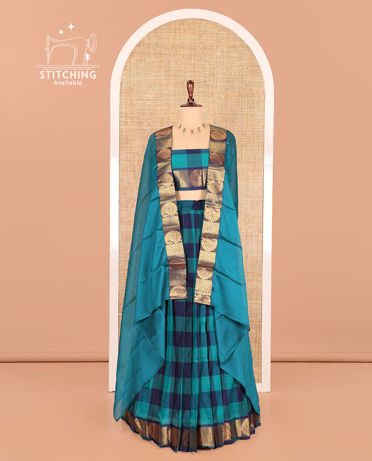 Rama-Navy Chettinad Cotton Half Saree Features Checked Skirt, a Paisley-Jaal Border, Matching Blouse, Contrast Dhavani