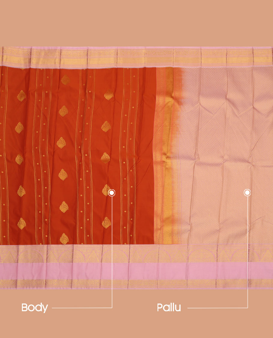 Orange Budget Silk Saree, Highlighted by Zari Designs All Over Its Body, Complemented by a Contrast Traditional Zari Design Woven Rettai Pettu Border, Gleaming Jaal Pallu, and Paired with a Contrast Blouse