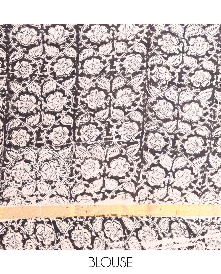 Red pichwai design machine-printed kalamkari cotton saree with contrast floral desig & pichwai theme human design pallu
