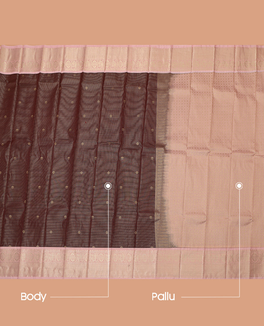 Brown Budget Silk Saree, Finely Crafted with Zari Buttas and Checks, a Contrast Traditional Zari Border, Grand Pallu, and a Contrast Blouse