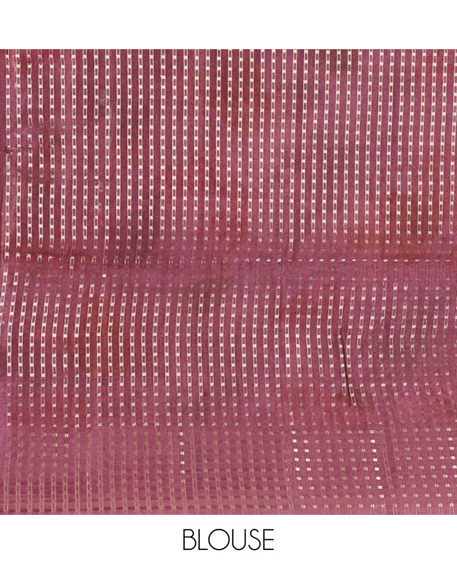 Magenta leaf motifs eco-digital printed fancy tussar saree, zari border, pallu of dobby-style buttas & matching zari design blouse