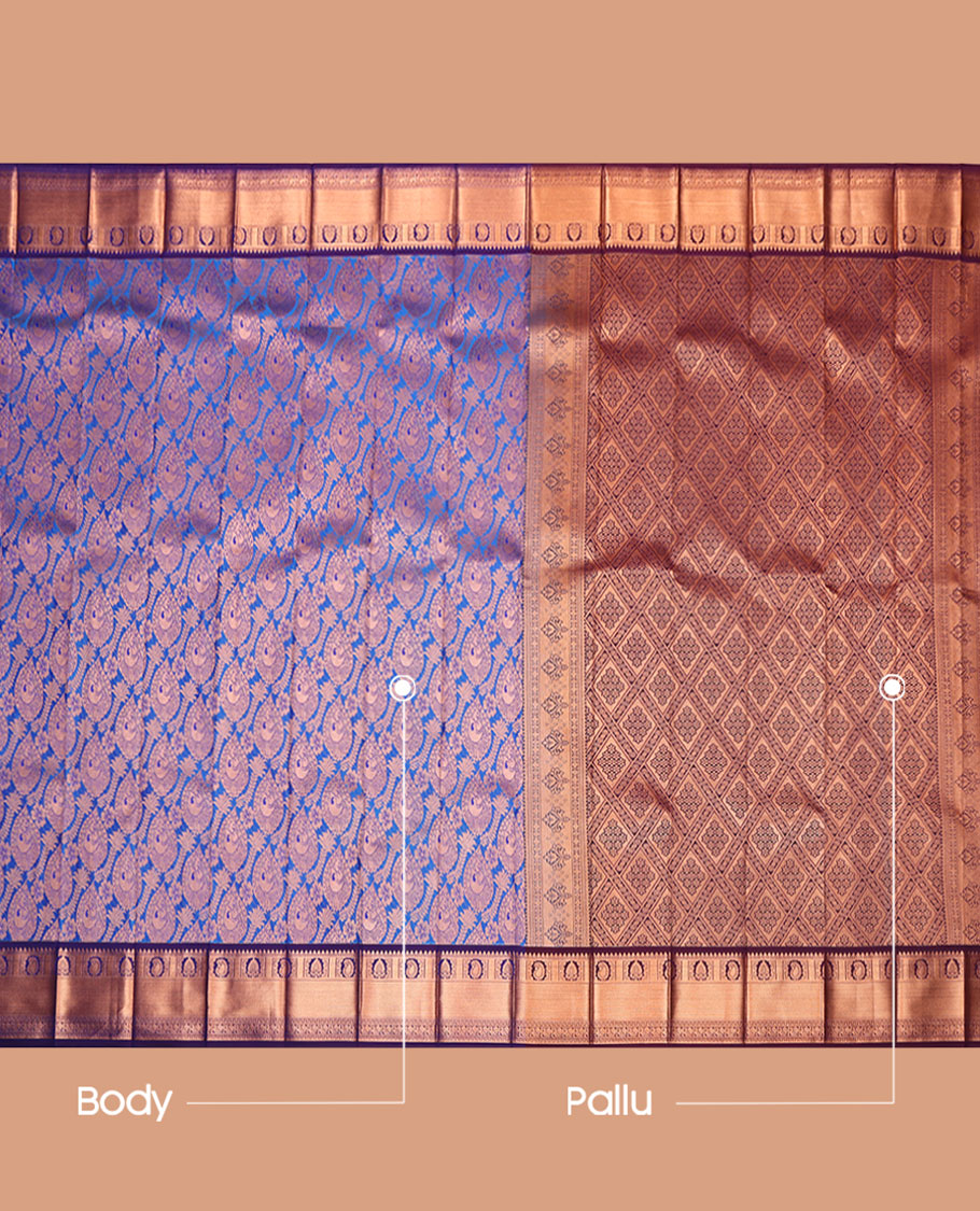 Royal Blue Budget Silk Saree, Detailed with Jacquard Design, Complemented by a Contrast Intricate Zari Border, Jaal Pallu, and a Contrast Blouse