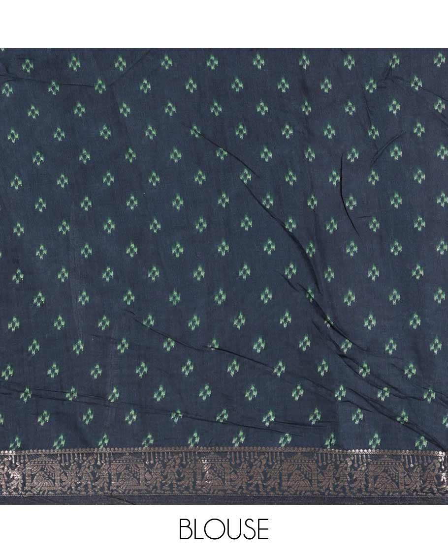 Green plain muslin cotton saree, contrast wedding-theme of floral and elephant motifs print, printed pallu, and a contrast buttas and zari bordered blouse