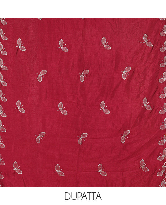 Wine Material Chudidhar Set, Highlighted with an Floral Motifs Embroidered on its Vichitra Silk Top, Plain Santoon Bottom, and Vichitra Silk Dupatta of Leaf Motifs Embroidery