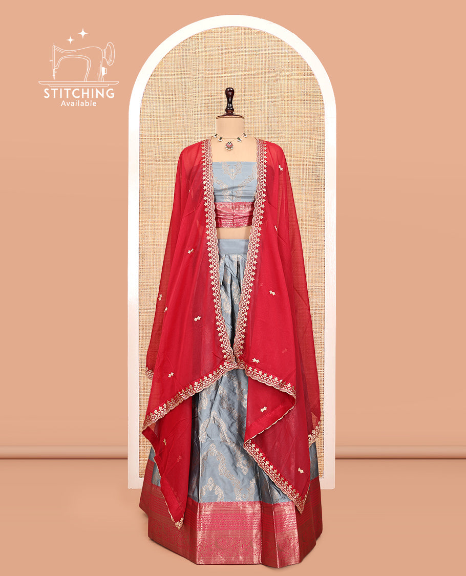 Grey Banarasi Half-Saree, Elevated with Floral Jacquard Design, a Contrast Traditional Zari Border, a Matching Blouse, and a Contrast Embroidered Dhavani
