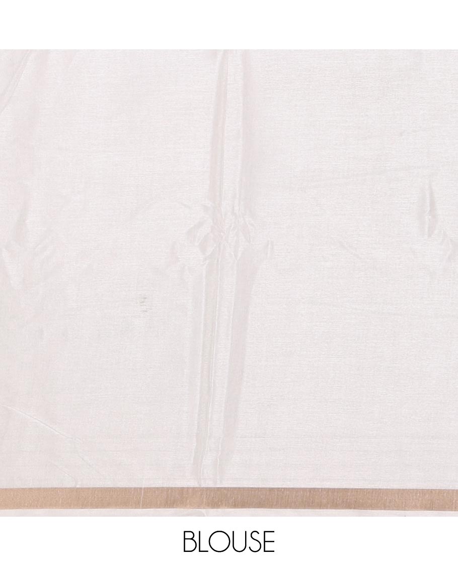 Half-white human motifs and floral printed Kerala cotton saree, zari border, striped pallu, and  matching blouse