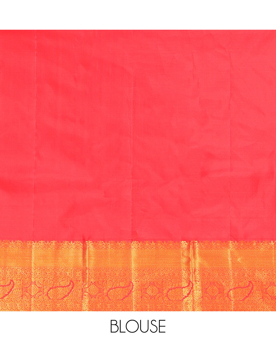 Red Kanchipuram Wedding Silk Saree, Majestically Detailed with Jacquard Design on Its Body, Highlighted by Zari Border of Traditional Designs, Grand Jaal Pallu, and Paired with a Matching Blouse