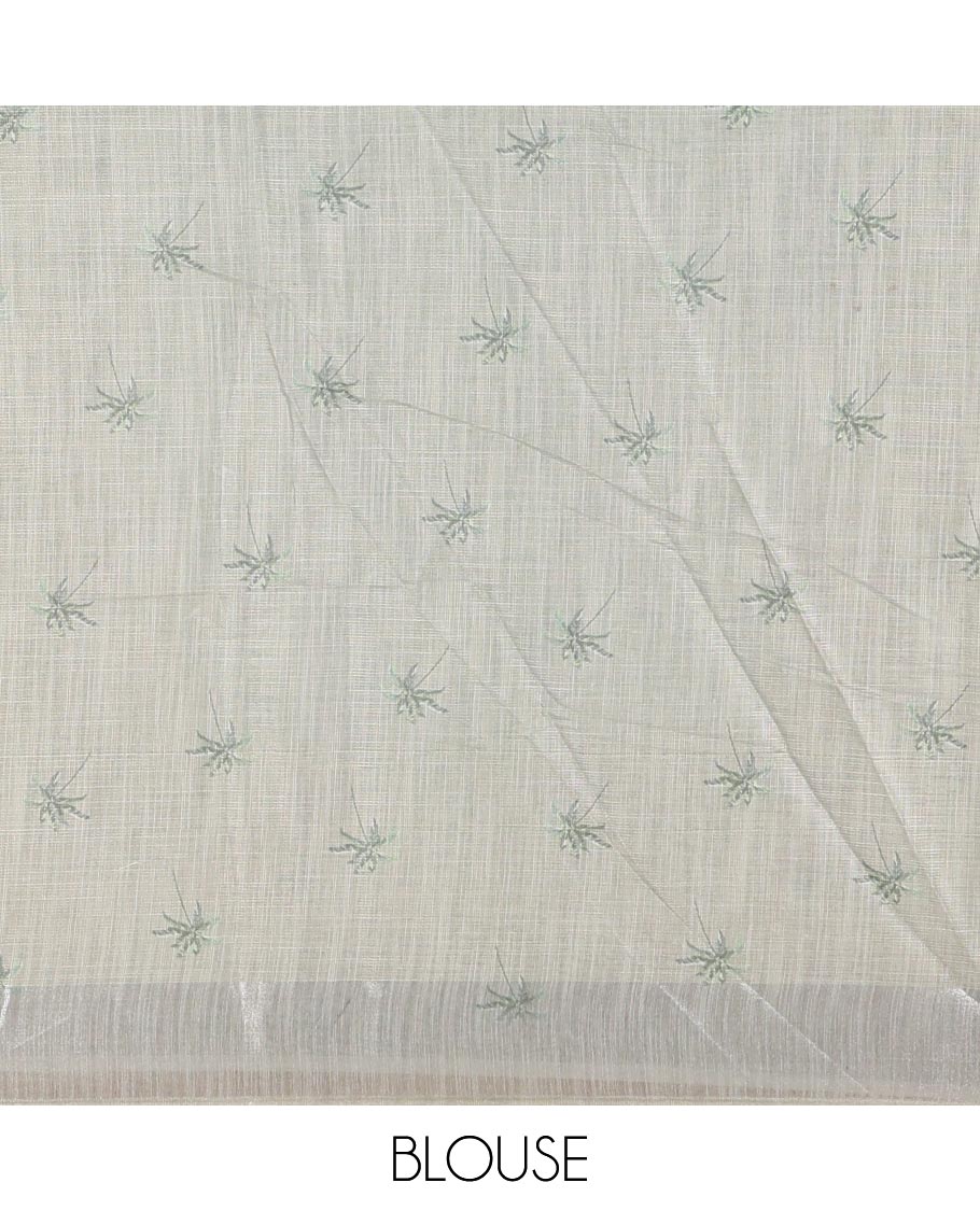 Grey wild-life theme printed Linen cotton saree, bavanji border, pallu of elephant, zebra, and flamingo designs, and coconut tree motifs printed blouse