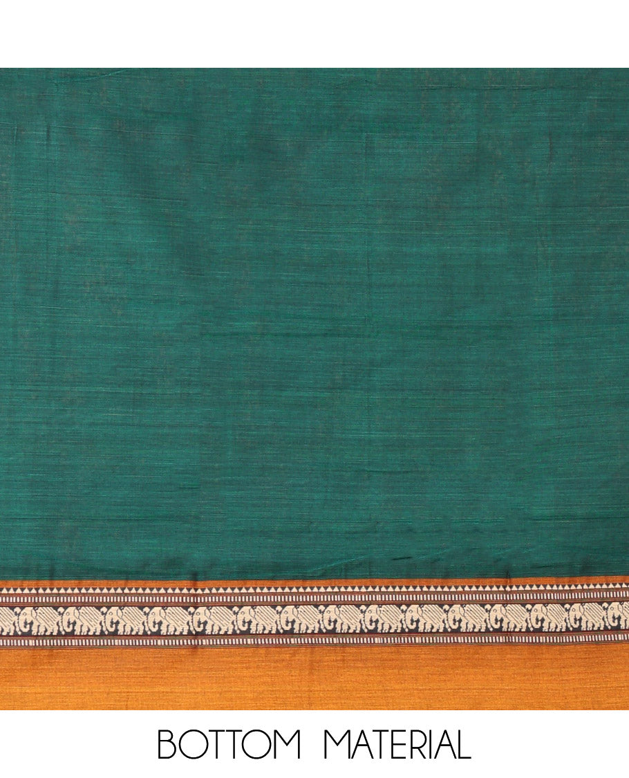 Green Mercerised Cotton Material Churidar Set, Subtly Woven Plain with Contrast Traditional Elephant Motif Bordered Top, a Plain Santoon Bottom, and Paired with a Mercerised Cotton Dupatta