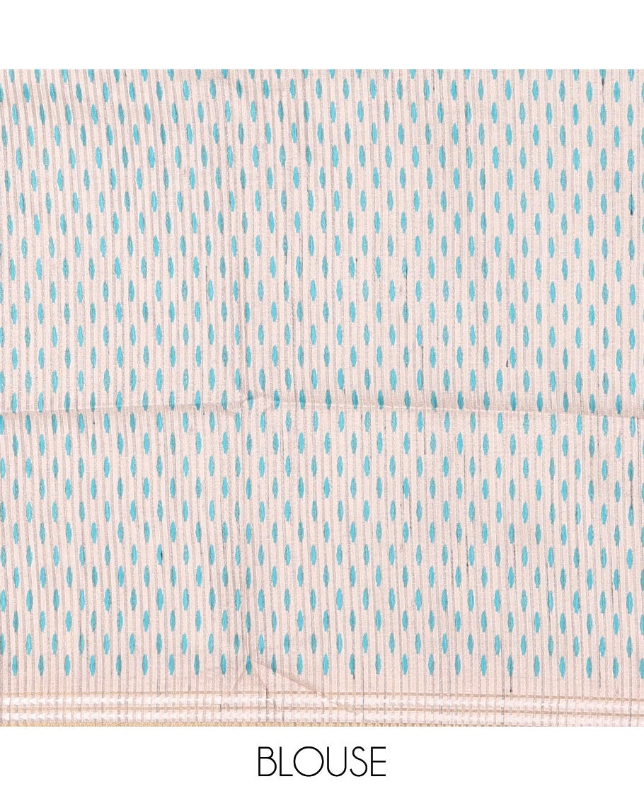 Multi color vertically striped semi-tussar saree, contrast resham thread border of temple and rudraksham motifs, striped pallu, and contrast striped printed blouse