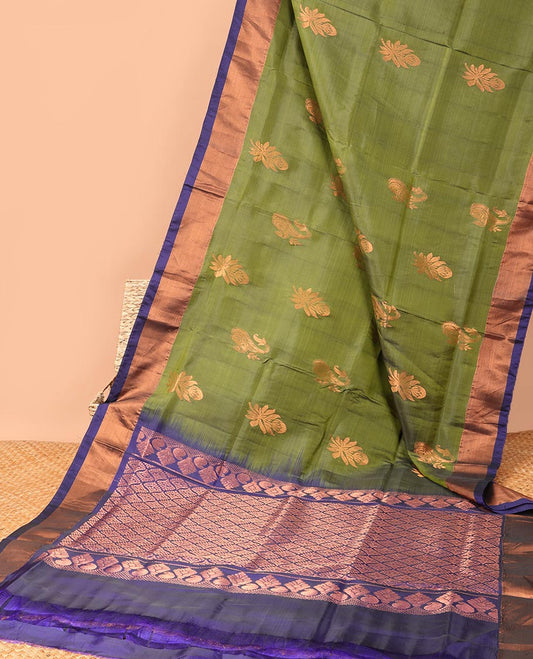 Green floral motifs semi-uppada saree with contrast zari border & zari argyle design pallu