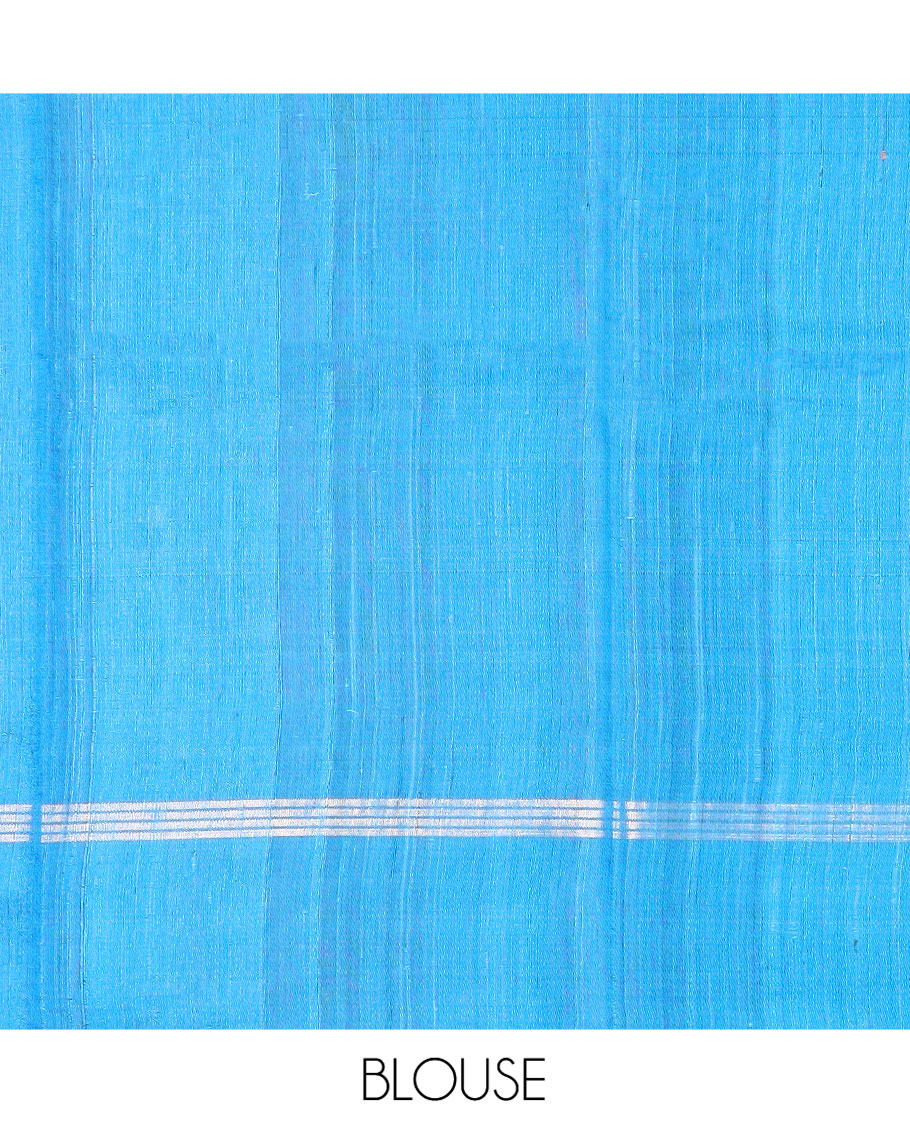 Blue Dupion Silk Saree, Graced with Floral Buttas All Over Its Body, Complemented by a Zari Striped Border, Sparsely Woven Pallu of Intricate Geometric Patterns, and Paired with a Matching Blouse