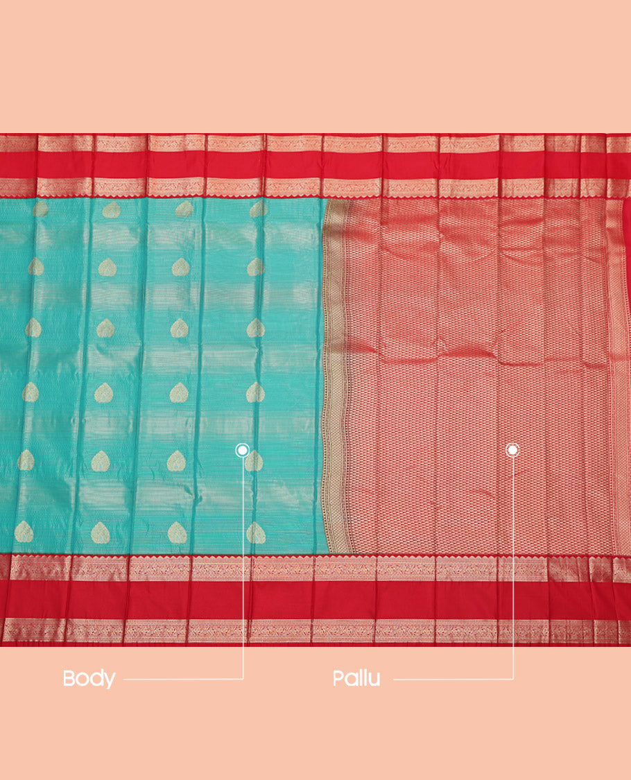 Blue Budget Silk Saree, Woven with Zari Buttas and Stripes, Complemented by Contrast Traditional Rettai Pettu Border, Grand Pallu and a Contrast Blouse
