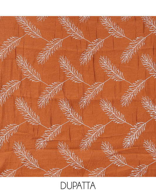 Dusky Brown Mul Chanderi Material Churidar Set, V-Neck Thread Embroidered Top, a Matching Bottom, a Thread Leaf Embroidered Dupatta