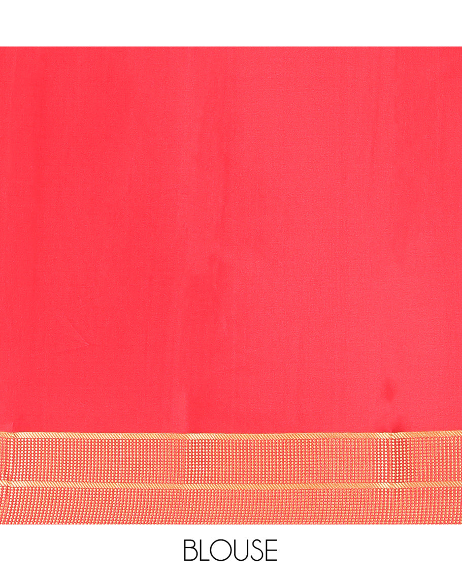 Red Mysore Silk Saree, Meticulously Crafted with Peacock-Deer Buttas and Stripes, Highlighted by a Traditional Zari Border, Grand Pallu, and a Matching Blouse