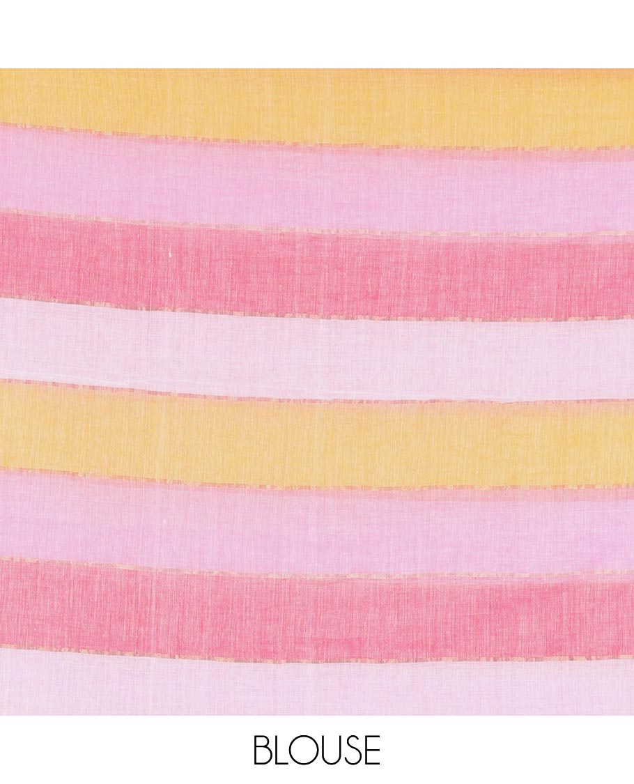 Baby pink rainbow-style striped Khadi mul cotton saree with piping zari border, and a matching zari striped blouse