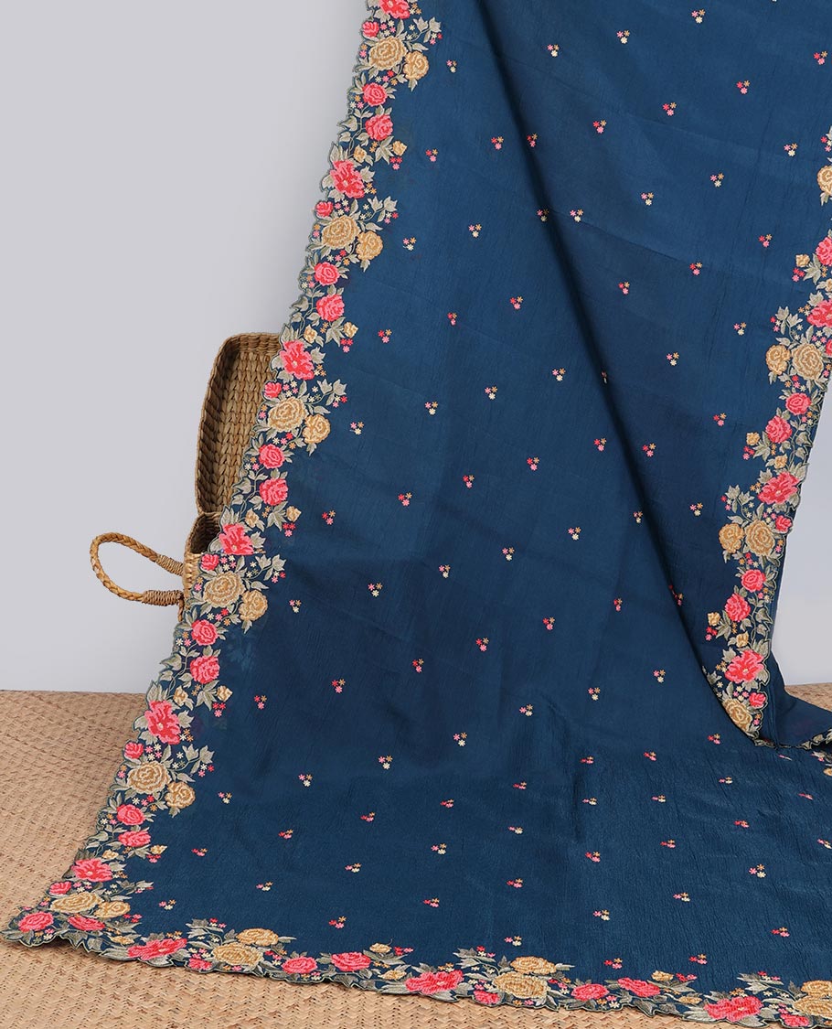 Yellow crushed tissue saree with scallop floral border & motif embroidery pallu