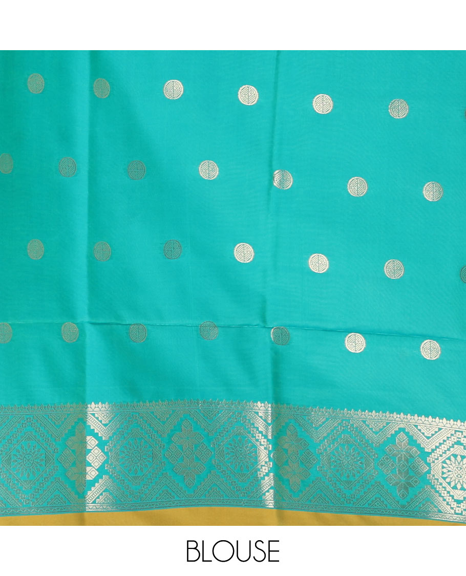 Mustard striped and zari buttas Mulberry silk saree, contrast temple zari buttas border, intricate pallu, and contrast zari design blouse