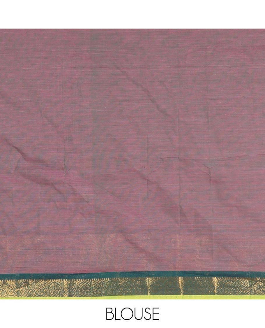 Purple plain Chettinad cotton saree, contrast  annam and rudraksham motifs zari border, striped pallu, and plain blouse