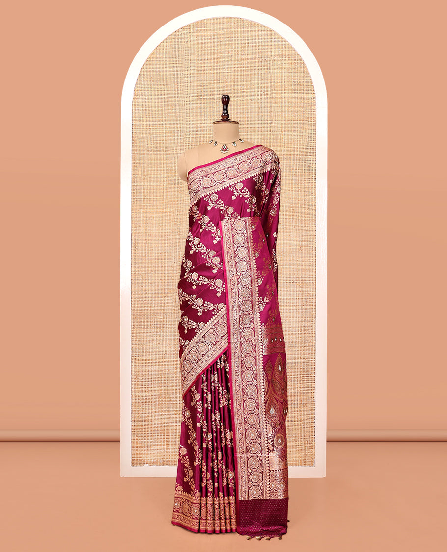 Red Wine Banarasi Satin Saree, Opulently Embellished with Floral Jaal Jacquard, a Floral Creeper Border, Intricate Stonework Pallu, and a Matching Blouse