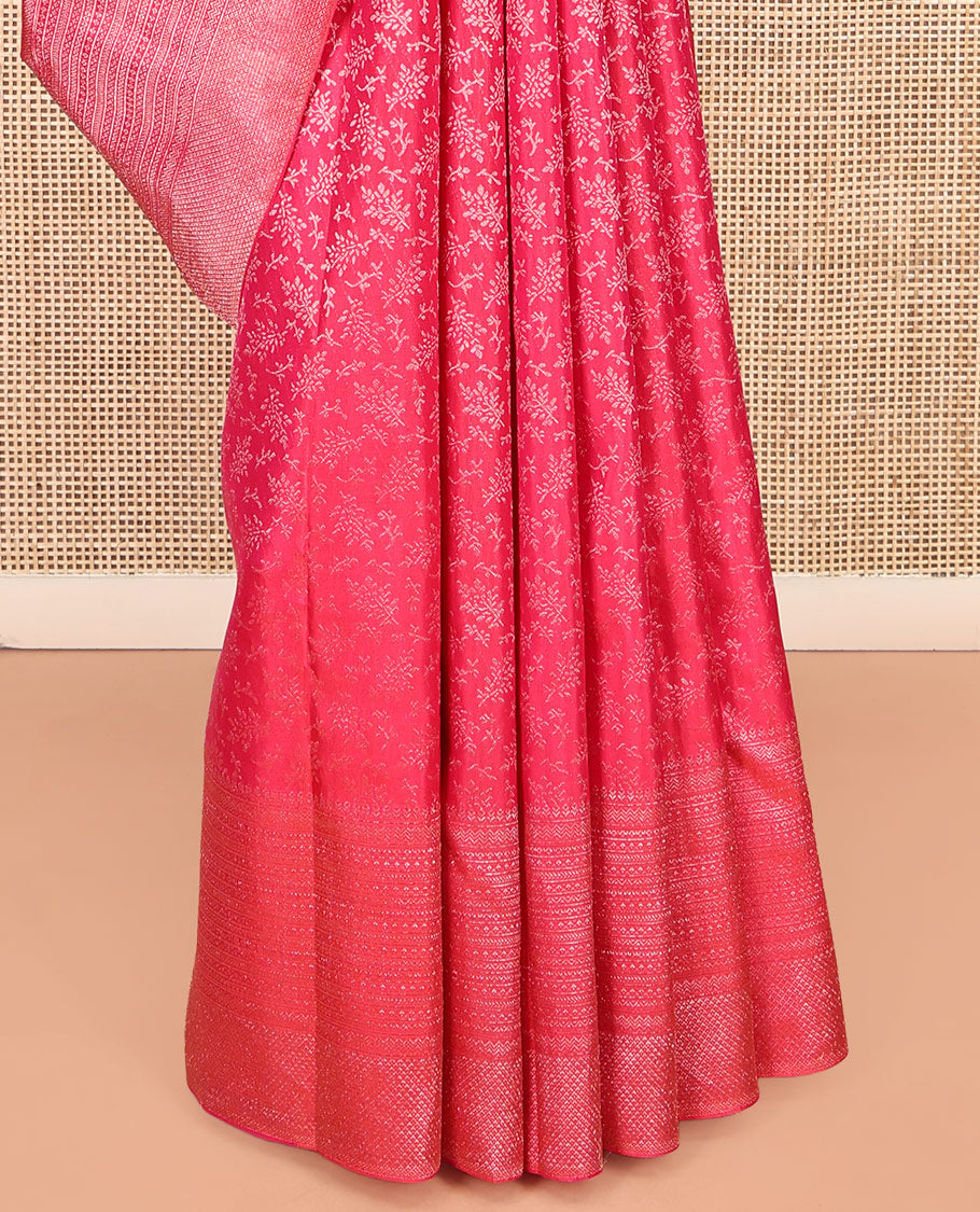 Pink Kanchipuram Wedding Silk Saree, Ornamented with Floral Jacquard, a Zari Geometric Pattern Border, Diagonally Striped Pallu, and a Matching Blouse