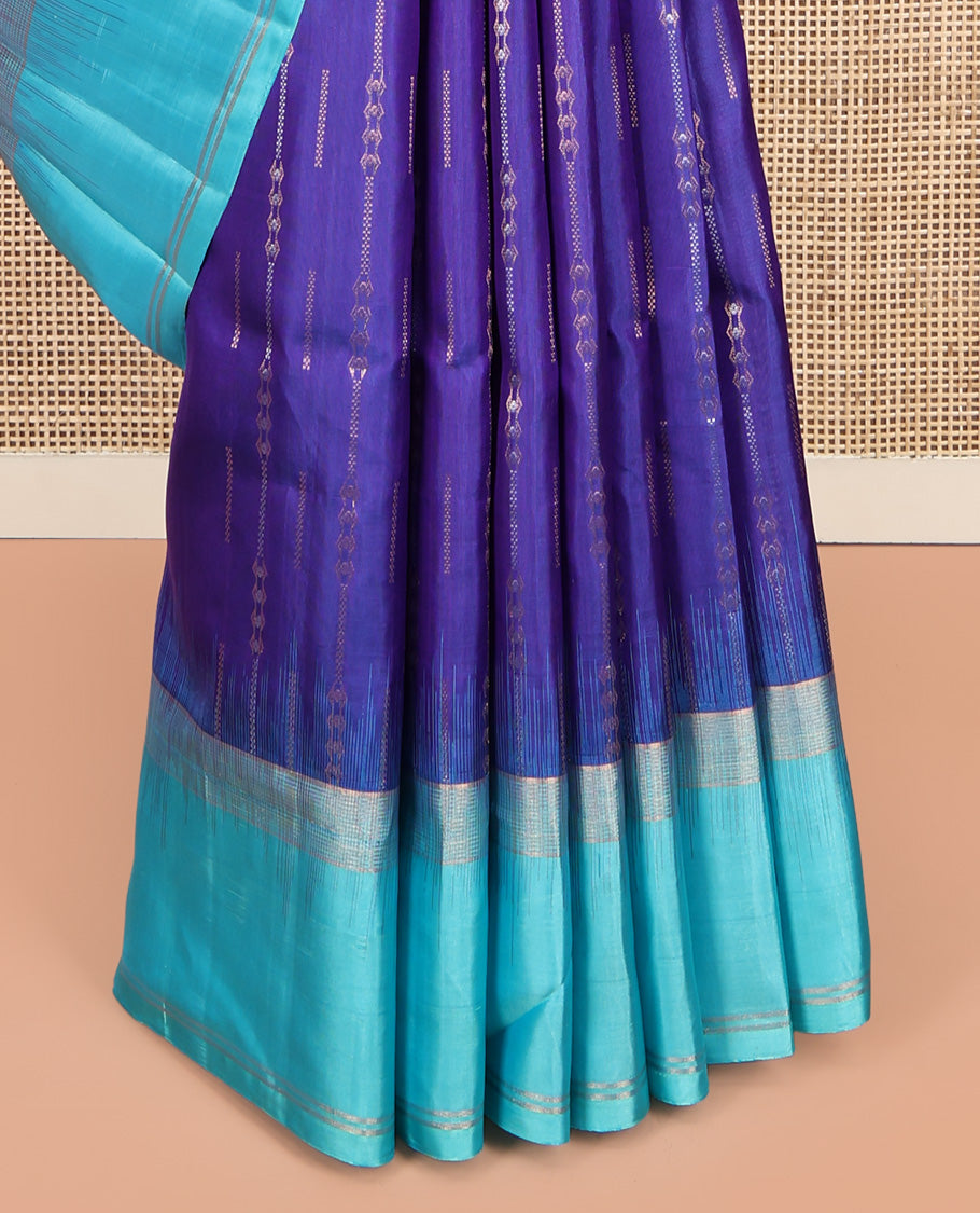 Blue Mayuri Soft Silk Saree, Embellished with Zari Stripes, Complemented by a Contrast Border, Pallu of Floral Jaal Design, and a Contrast Blouse