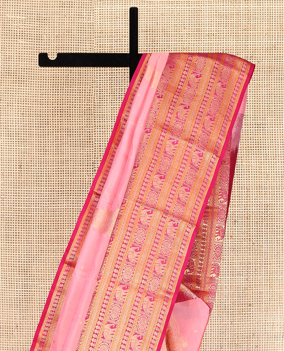 Pink Vasundhara Lite Silk Mix Saree, Featuring Zari Buttas, Contrast Border of Chakram, Yaanai, Neli, Kathir, and Kamalam, Vanki Pallu, and a Contrast Blouse