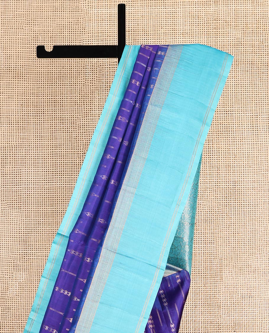Blue Mayuri Soft Silk Saree, Embellished with Zari Stripes, Complemented by a Contrast Border, Pallu of Floral Jaal Design, and a Contrast Blouse
