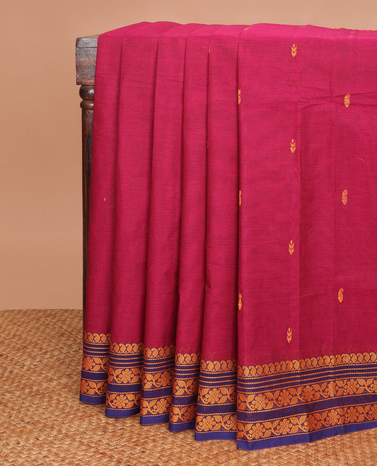 Maroon buttas Chettinad cotton saree, contrast thread-woven border of paisleys & floral design & pallu of buttas & stripes