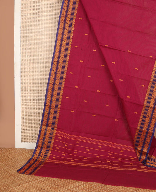 Maroon buttas Chettinad cotton saree, contrast thread-woven border of paisleys & floral design & pallu of buttas & stripes