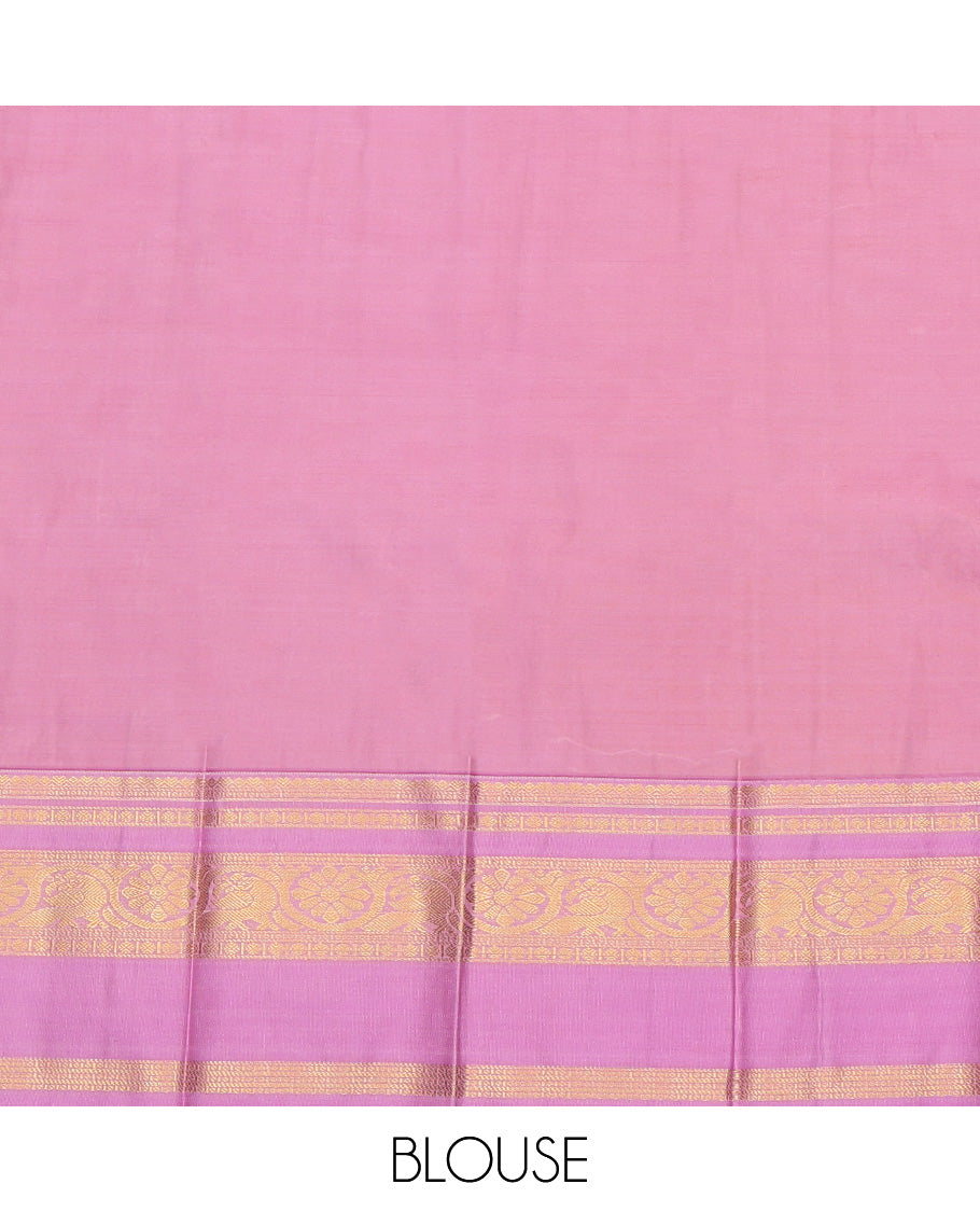 Red Budget Silk Saree, Enriched with Zari Buttas and Stripes, Complemented by Contrast Traditional Rettai Pettu Border, a Jaal Pallu and a Contrast Blouse