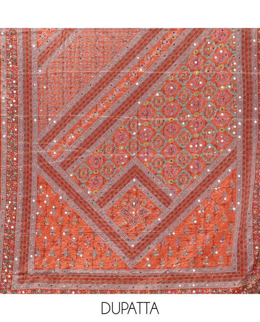 Orange material chudidar set, floral-theme batik printed with mirror embroidered crepe top, santoon bottom, and Chinon dupatta of print, and mirror embroidery