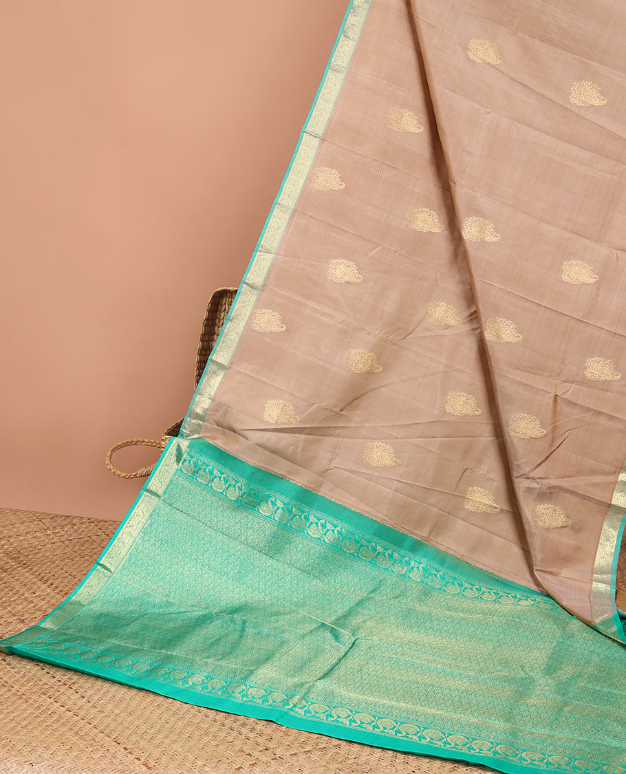 Brown buttas kancheepuram silk saree with contrast zari border & traditional zari design pallu