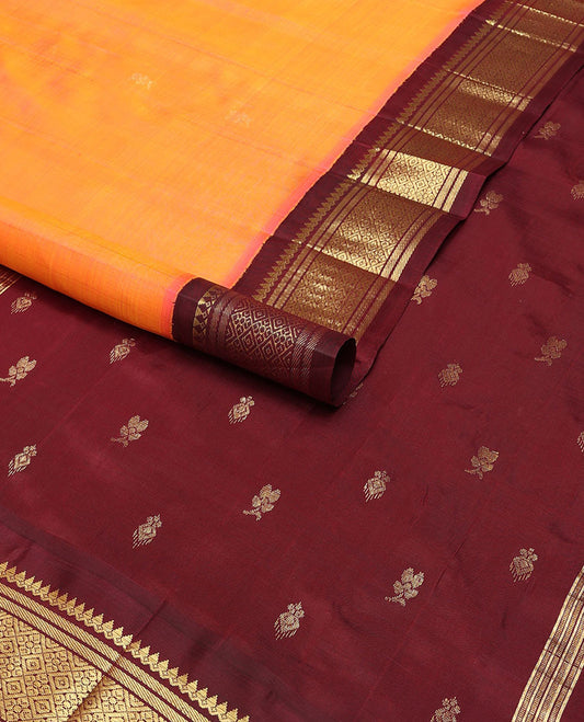 Orange buttas kancheepuram silk saree with contrast korvai border of banaras, thilakam mokku design & zari design border