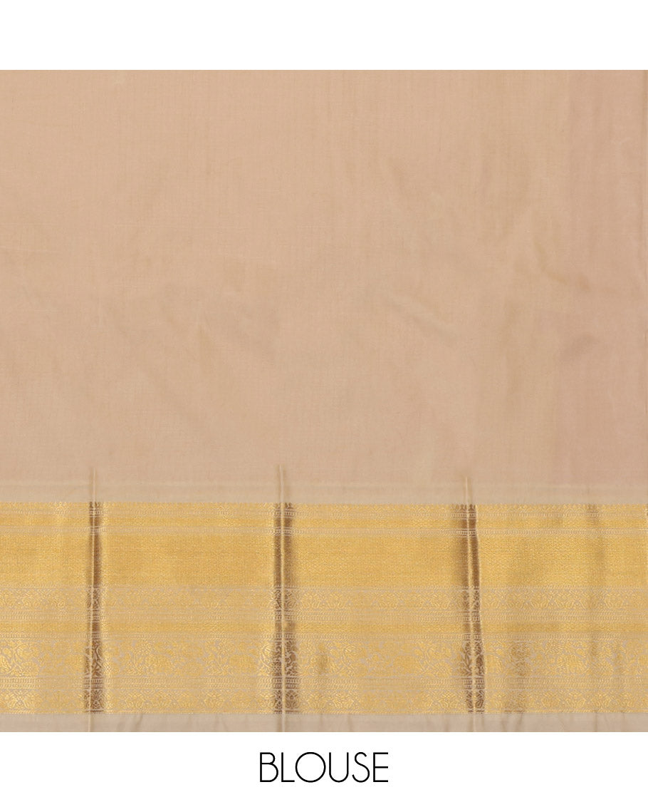 Orange Budget Silk Saree, Ornamented with Peacock Buttas and Checks, a Contrast Traditional Zari Border, an Intricate Pallu and a Contrast Blouse