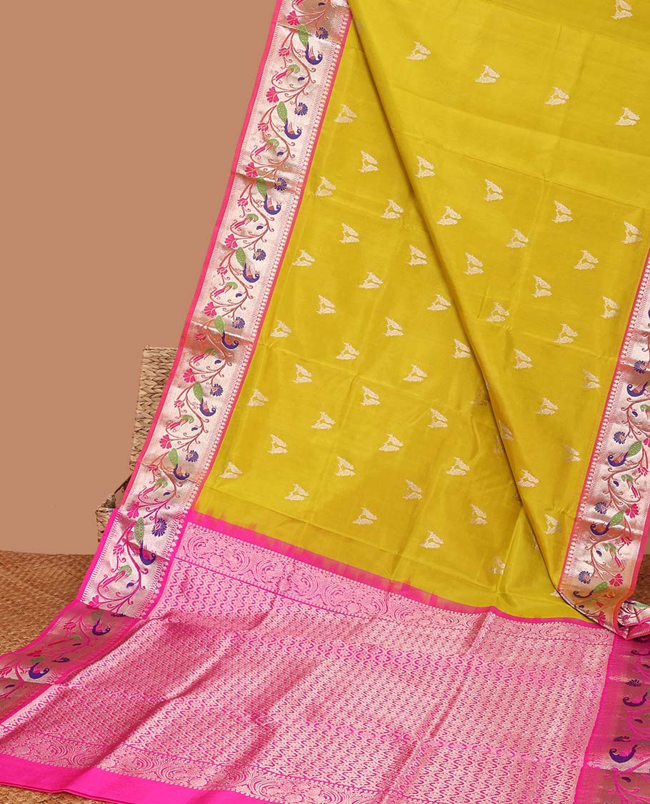 Yellow parrot motifs vengatagiri pure silk saree, contrast floral vine design border & pallu ogee patern
