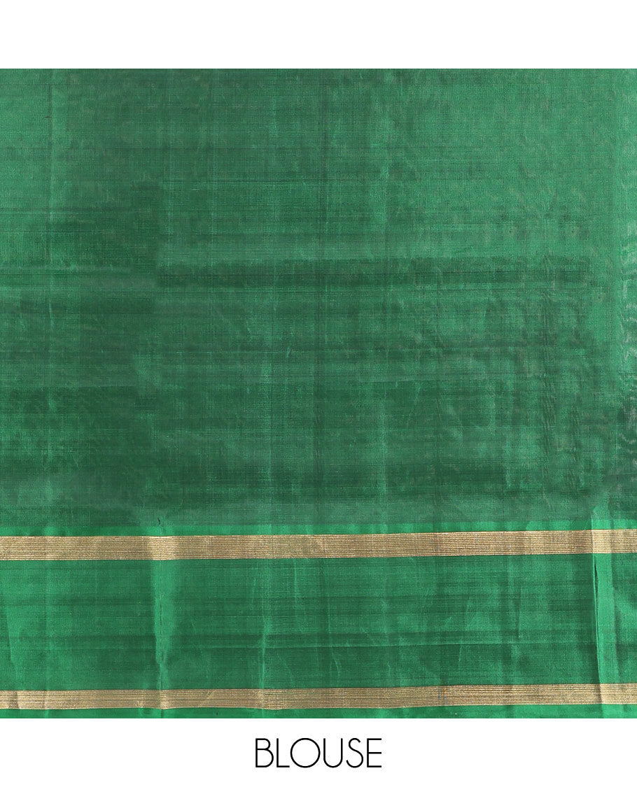 White Mayuri Soft Silk Saree, Woven with Zari Buttas, Complemented by a Contrast Zari Border, Grand Pallu, and a Contrast Blouse