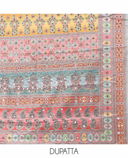 shifli lucknowi embroidery mango design georgette chudidhar material top with american crepe pant & floral digital print, sequins embroider dupatta