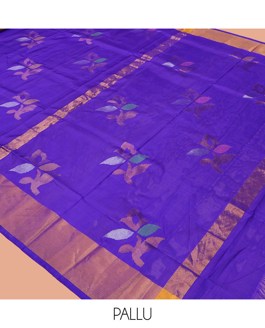Violet Uppada Silk Saree, Adorned with Meena Floral Buttas on Its Body, Highlighted by Zari Bavanji Border, Pallu Steeped with Meena Floral Buttas, and Paired with a Matching Blouse