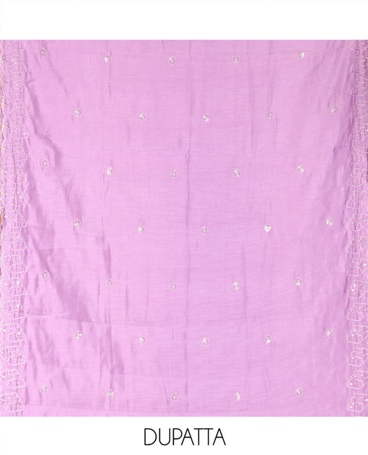 Lavender Mul Chanderi Material Chudidar Set, Elevated with Appliqué Floral Embroidery on Its Top, a Plain Santoon Bottom, and Paired Scallop Embroidered Mul Chanderi Dupatta