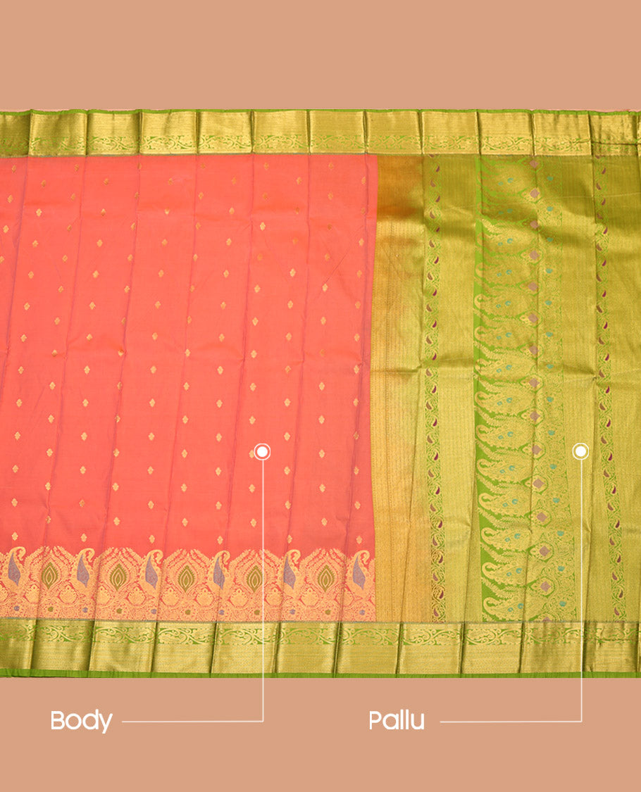 Peach Budget Silk Saree, Highlighted with Zari and Meenakari Buttas, a Contrast Traditional Zari Border, Grand Pallu, and a Contrast Blouse