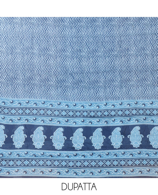 Indigo blue chudidar material set,flower buttas,floral patch work & French knot soft cotton top, leheriya printed bottom & mul-mul cotton dupatta