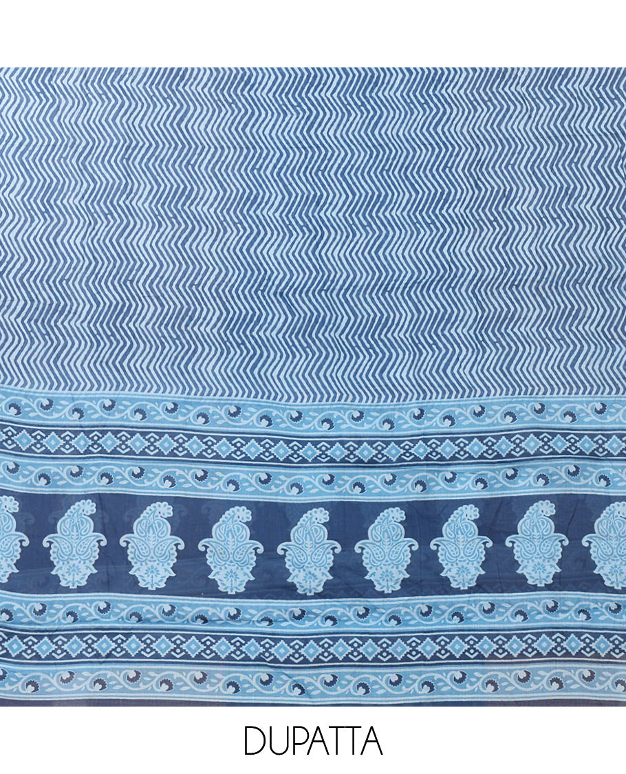 Indigo blue chudidar material set,flower buttas,floral patch work & French knot soft cotton top, leheriya printed bottom & mul-mul cotton dupatta