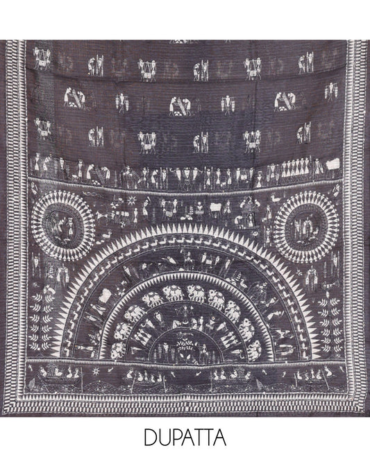 Grey Material Churidar Set, Elegantly Designed with Warli Motifs Printed on Chanderi Top, Comes with a Plain Santoon Bottom, and Is Paired with a Chanderi Dupatta Featuring Warli-Village Themed Motifs Print